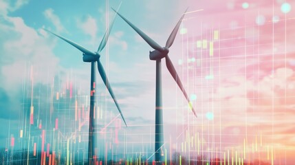Two wind turbines stand against a colorful sky, illustrating renewable energy and innovation in a modern, technological landscape.