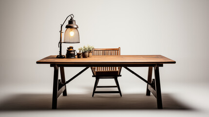 Wooden Table with Chair and Lamp in Minimalist Studio Setting