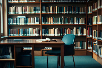 Open Book on Wooden Table in Library with Bookshelves  Background