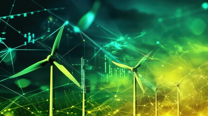 A vibrant depiction of wind turbines set against a digital backdrop, symbolizing the fusion of renewable energy and technology.