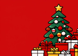 A red background with a Christmas tree and presents. The tree is decorated with many ornaments and the presents are stacked on top of each other. Scene is festive and joyful