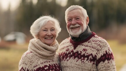 Elderly Couple Smiling Together in Knitwear