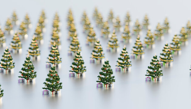 Illuminated decorated Christmas trees with gifts