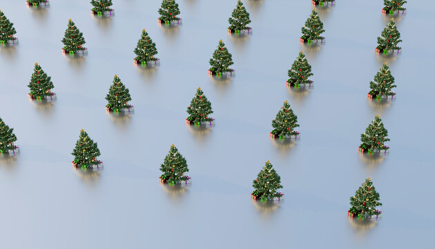 Christmas trees arranged on colored background