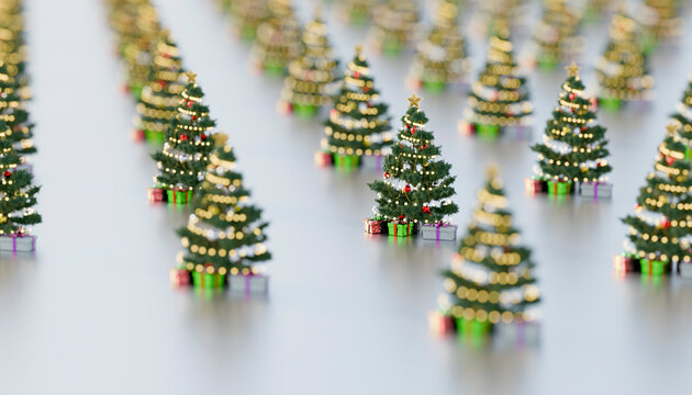 Illuminated Christmas trees with gifts