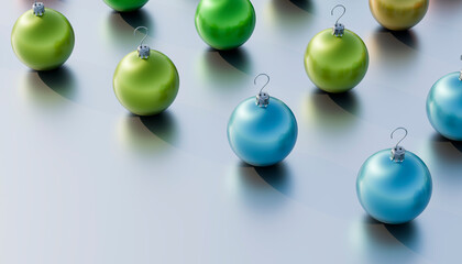 Repetition of Christmas ornaments arranged side by side on colored background