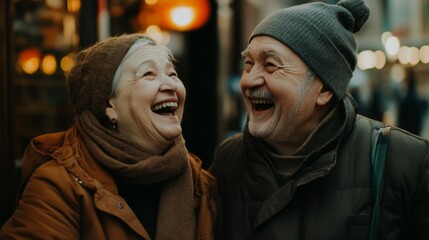 Fototapeta premium Elderly couple laughing together outdoors on a city street