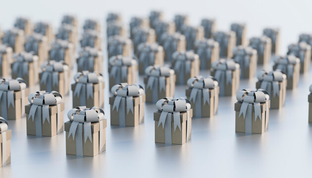 Tied gift boxes arranged in row