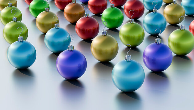 Multicolored Christmas ornaments arranged side by side