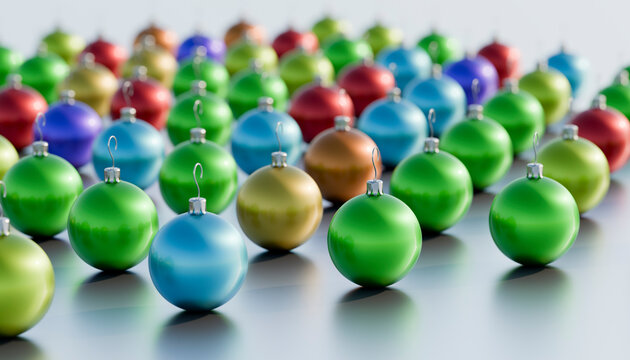Repetition of multicolored Christmas ornaments with hook arranged side by side