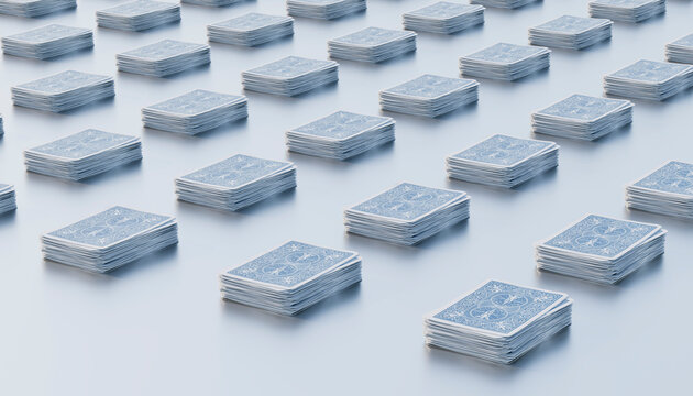 3D render of playing cards arranged in rows