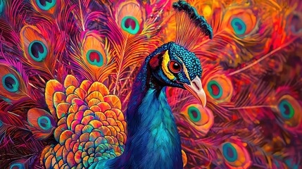 Obraz premium A sharp focus of a peacock, exhibiting numerous vibrant feathers on its back, particularly its tail plumage