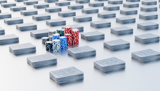 Playing cards in rows with poker chips