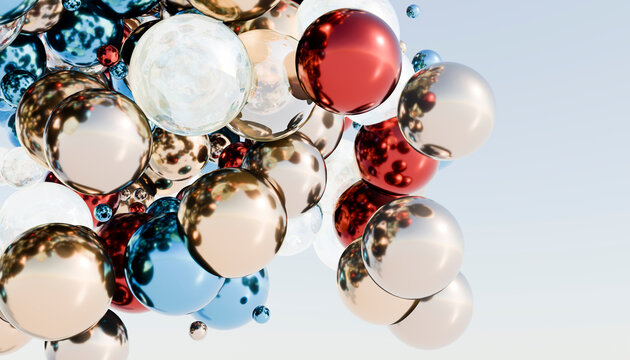Shiny bubbles and colorful balls against white background