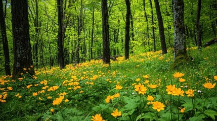Fototapeta premium A vibrant woodland scene in spring, with blooming flowers, fresh green leaves, and wildlife activity.