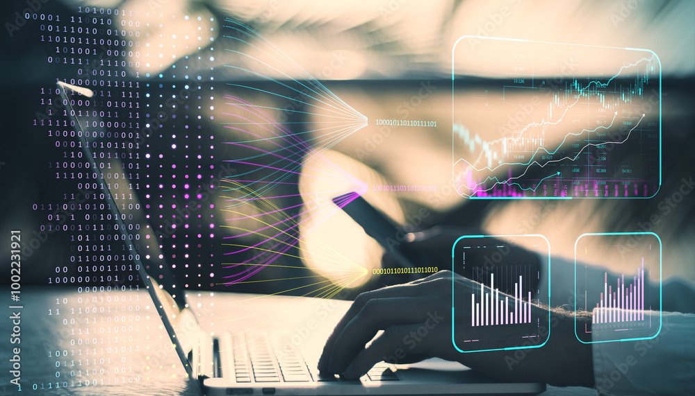 Poster Close up of man hands using cellphone and laptop keyboard with creative glowing business chart and ai binary code nodes on outdoor background. Virtual marketing and finance concept. Double exposure.