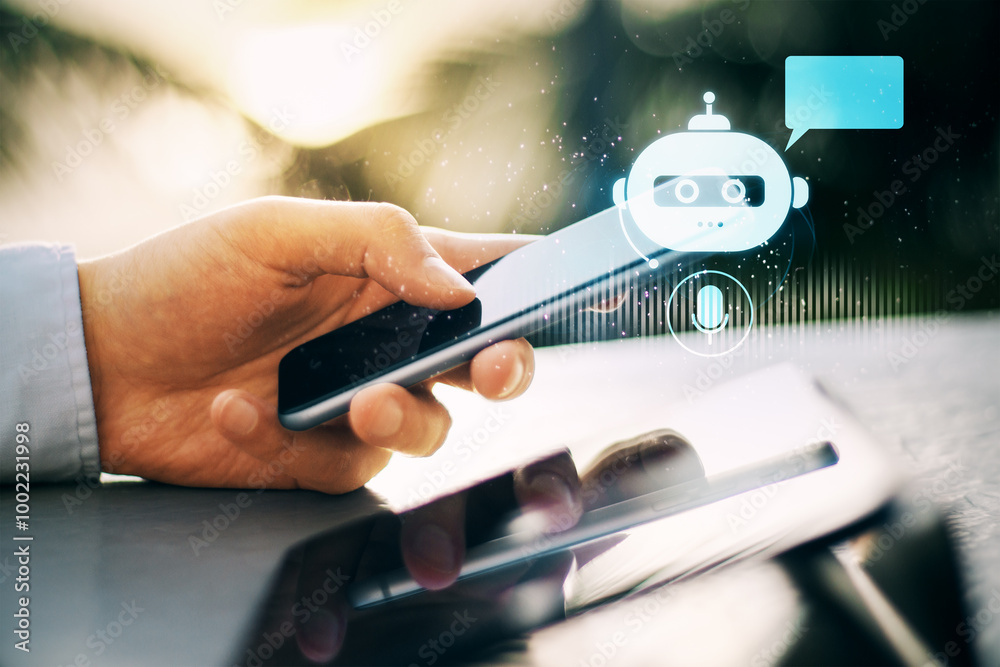 Poster close up of businessman hand using phone at desk with glowing robot head on blurry background. chat 