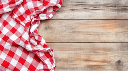 Obraz premium Red and white checkered tablecloth draped on a rustic wooden surface, creating a cozy, nostalgic, and homey setting, ideal for food presentations or recipes.