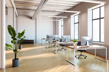 Modern coworking office interior with wooden flooring, panoramic windows and city view. 3D...