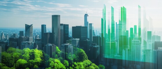 Obraz premium A futuristic cityscape with green elements, showcasing a blend of nature and modern architecture under a vibrant sky.