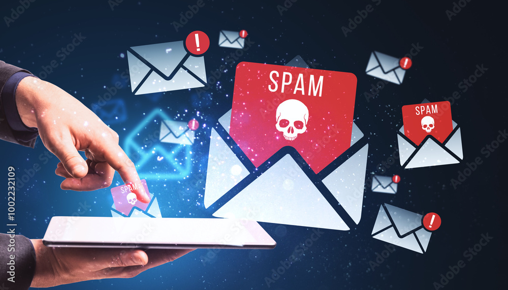 Aufkleber close up of businessman hand using tablet with abstract spam emails on blue background. junk mail, v