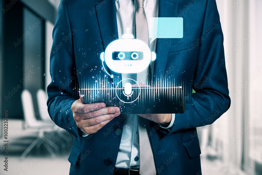 Poster Close up and front view of businessman hand using cellphone with glowing robot head on blurry office background. Chat bot and customer service concept.