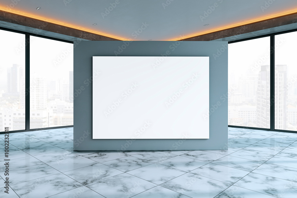 Poster new interior with empty white mock up banner, panoramic windows, city view and daylight. 3d renderin