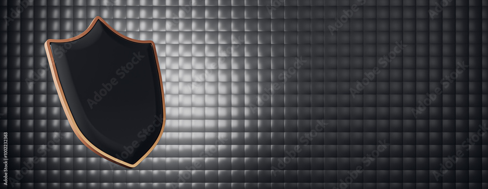 Poster empty shiny black shield with mock up place on dark wide background. protection, antivirus and safet