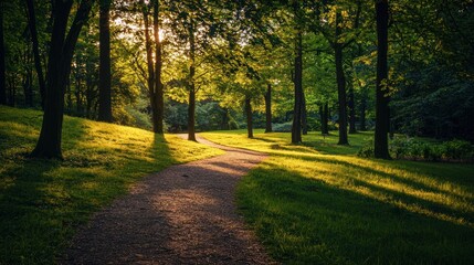 Fototapeta premium A peaceful woodland hill with a walking path, inviting exploration and enjoying the scenery.