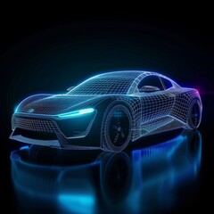 Wireframe hologram of an electric sports car, glowing with blue light against the dark background. futuristic polygonal model vehicle holograms. auto ai smart. Low-poly line design. Smart vehicle.