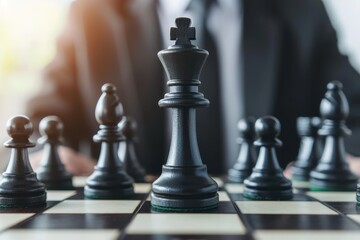 Close-up of black chess pieces on a board with a focus on the king, representing strategy, leadership, and decision-making in a business context.