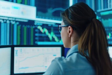 A female analyst wearing glasses monitors financial data and stock market trends on multiple screens, emphasizing data analysis and business strategy.