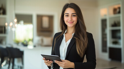 Obraz premium In a chic, modern home with an open-floor design, a European real estate agent in a tailored blazer holds a tablet, her posture exuding confidence and approachability.