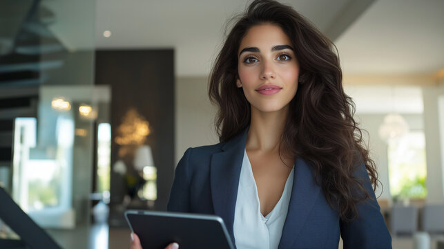 In a chic, modern home with an open-floor design, a European real estate agent in a tailored blazer holds a tablet, her posture exuding confidence and approachability.