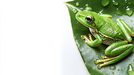 Obraz premium A green frog sits on a leaf with water droplets on its back against a white background