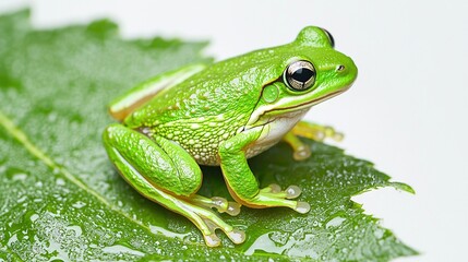 Obraz premium Frog on leaf with water drops against white background