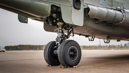 Details of the landing gear of a military cargo plane. 