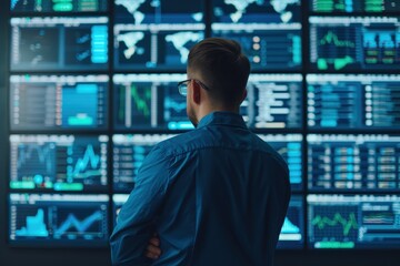Back view of a man in a blue shirt reviewing real-time financial data and market trends displayed on multiple large screens in a control room.