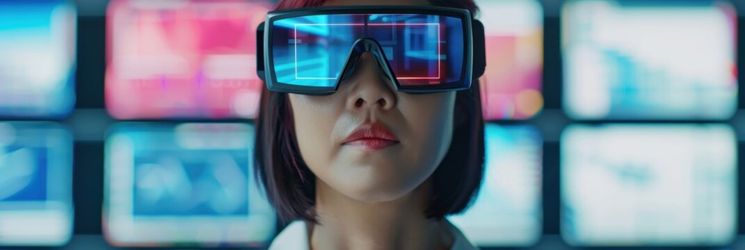 Close-up of a woman wearing augmented reality glasses, analyzing digital data and charts displayed in a futuristic, high-tech environment.