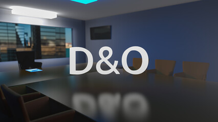 D and O. Directors and officers liability Insurance concept. Director's office with a large table and skyscrapers outside the window. 3d rendering