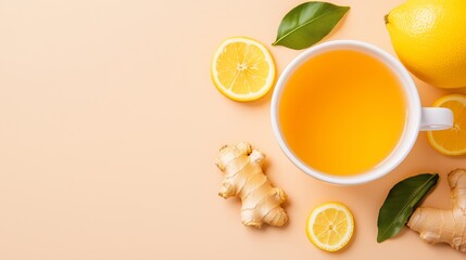 Cozy autumn background with cup of Ginger Lemon Tea with space for text