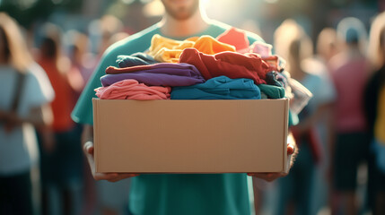 Volunteer hands carrying a large donation box overflowing with colorful clothing items, set against a soft-focus background of a charity event in full swing.
