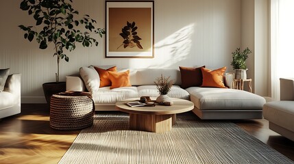 A comfortable living room with burnt orange throw pillows on a light gray sectional, natural wood coffee table in the center.