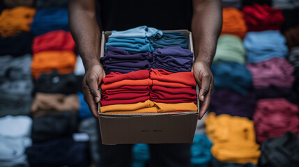 Obraz premium A donation box overflowing with colorful clothes, including reds, blues, and yellows, held by a volunteerâs hands, set against a backdrop of a charity event.