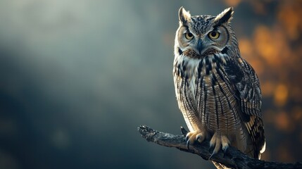 A majestic owl perched on a branch, with its wise eyes staring thoughtfully into the distance.