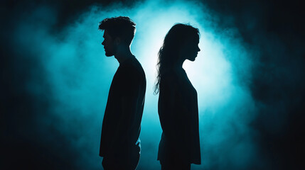 A dark silhouette of a couple standing back-to-back, facing opposite directions, their body language tense, set against a dimly lit background symbolizing the emotional distance in