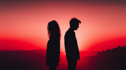 In front of a soft sunset glow, the silhouette of a couple turns away from each other, their separation reflected in the fading light, representing the tension and disconnection of