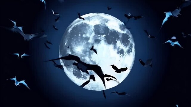 Bats fly in front of a full moon in the night sky.