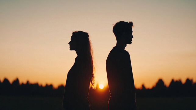 In front of a soft sunset glow, the silhouette of a couple turns away from each other, their separation reflected in the fading light, representing the tension and disconnection of