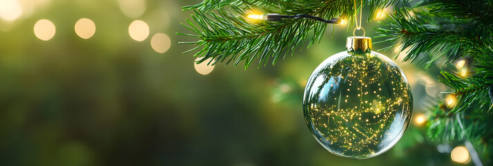 transparent christmas ball with shiny lights hanging on green christmas tree branch on blurred empty background, greeting card concept with copy space for holiday season in december